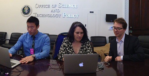 Jason, Sarah and Diego prepping for a meeting